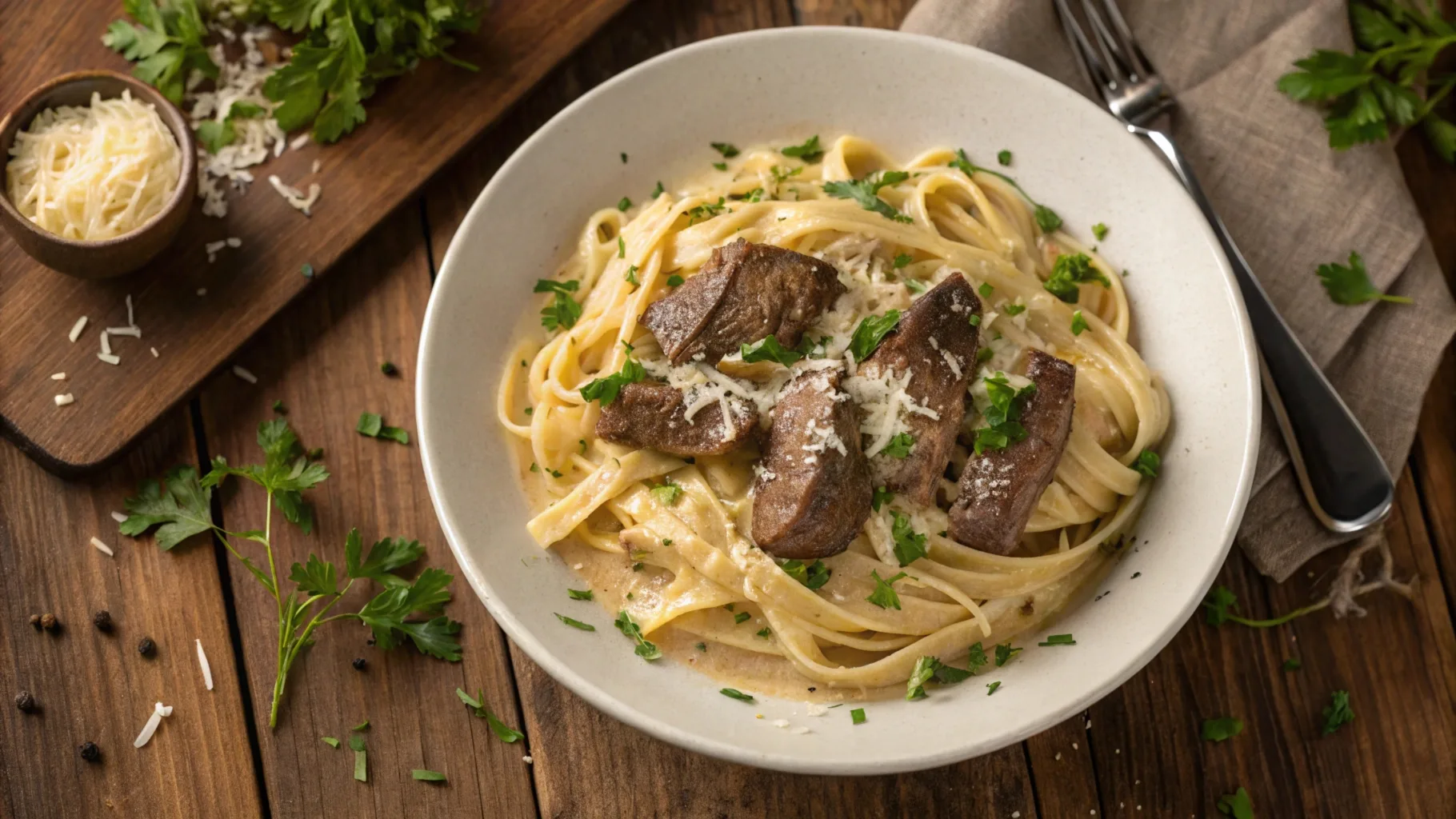 "A beautifully plated creamy steak pasta dish garnished with fresh parsley and grated Parmesan, served on a rustic wooden table."