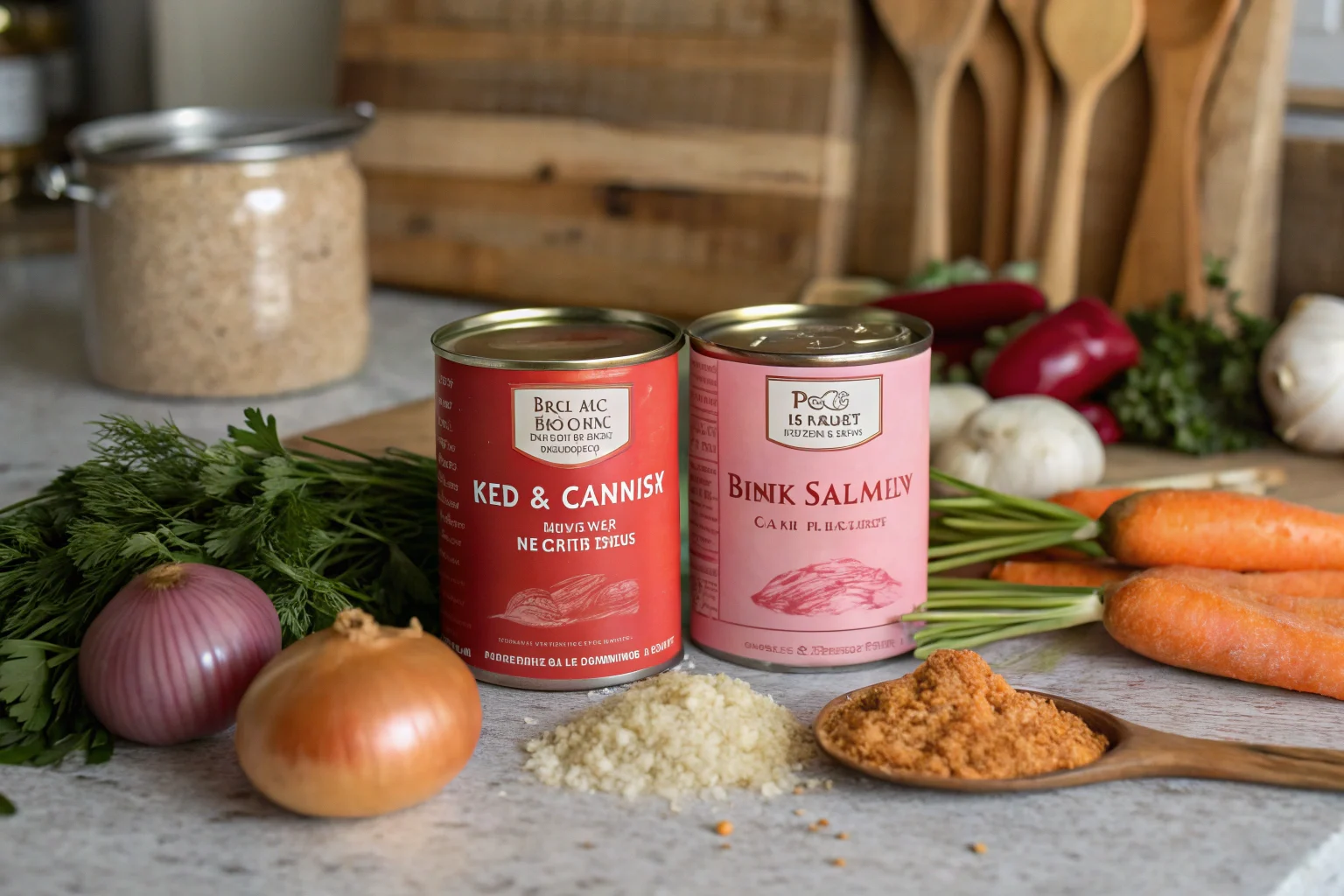 Side-by-side comparison of red and pink canned salmon with ingredients for a salmon loaf