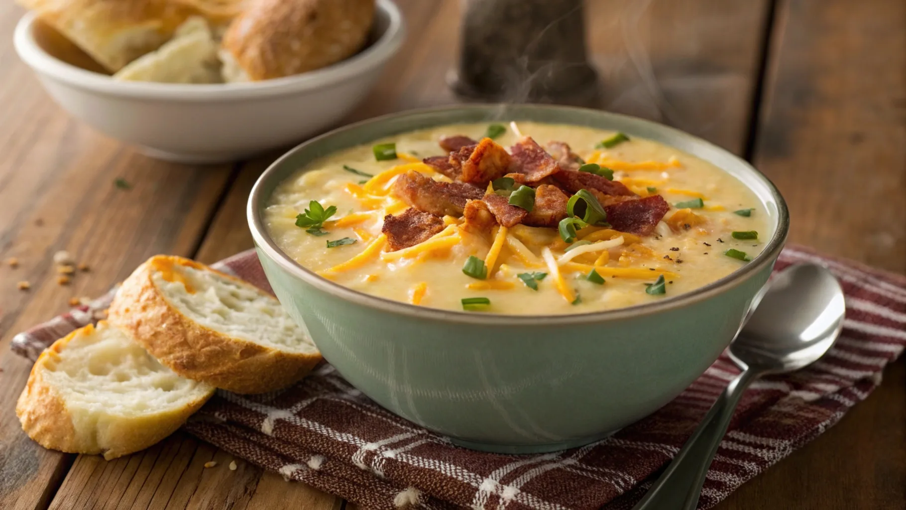 A steaming bowl of cheesy potato soup topped with crispy bacon bits, shredded cheese, and fresh chives, served on a rustic wooden table with a side of crusty bread.