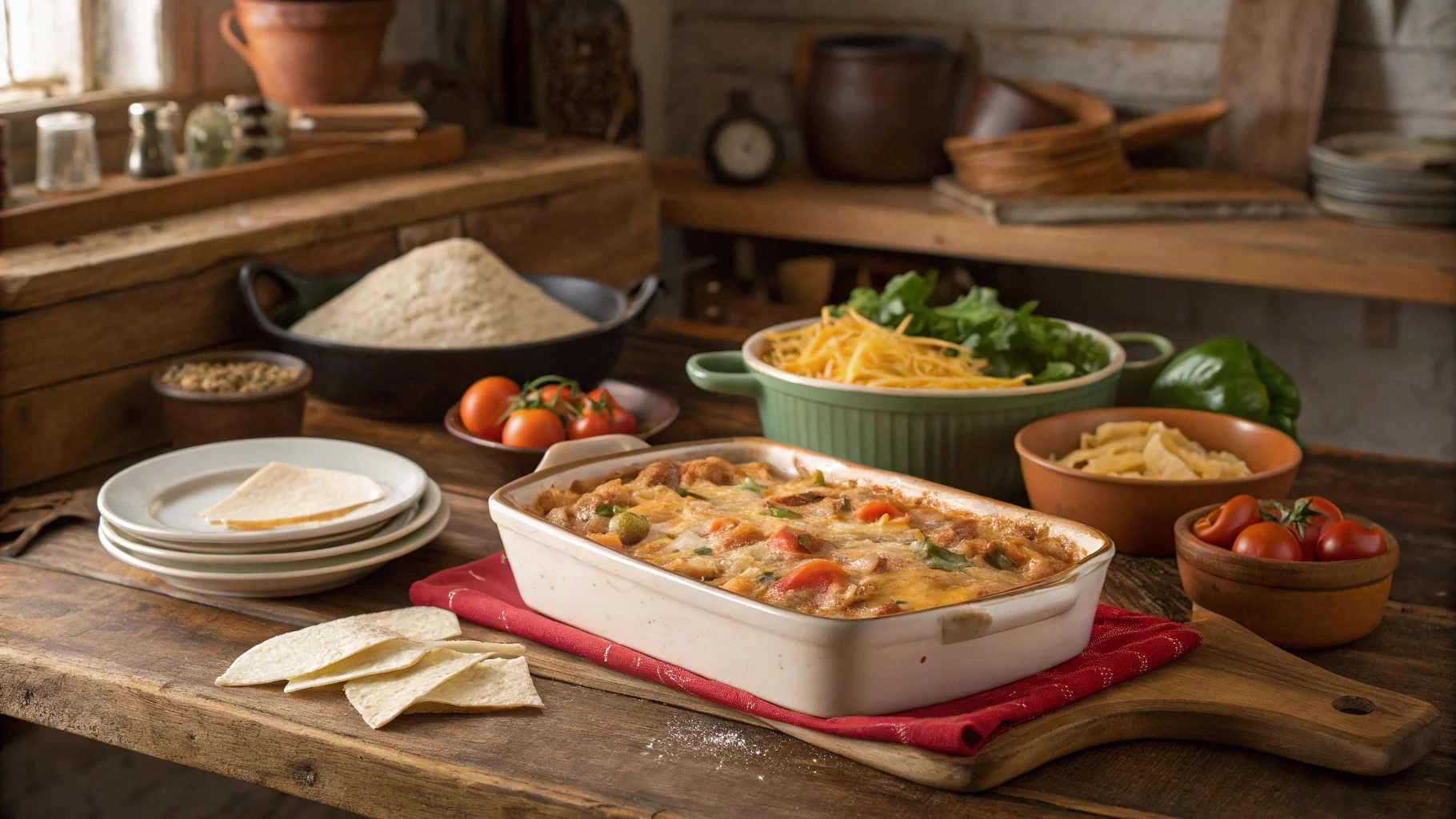 A steaming King Ranch casserole in a rustic Tex-Mex kitchen surrounded by fresh ingredients like chicken, tortillas, cheese, and tomatoes.