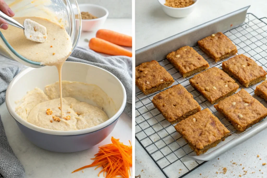 Step-by-step guide on how to make carrot cake bars with cream cheese frosting.
