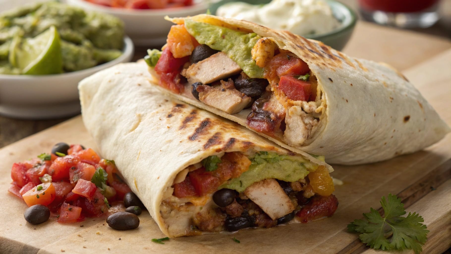 A delicious chicken burrito sliced in half, revealing juicy chicken, seasoned rice, beans, melted cheese, and vibrant toppings like salsa and guacamole, wrapped in a soft tortilla.