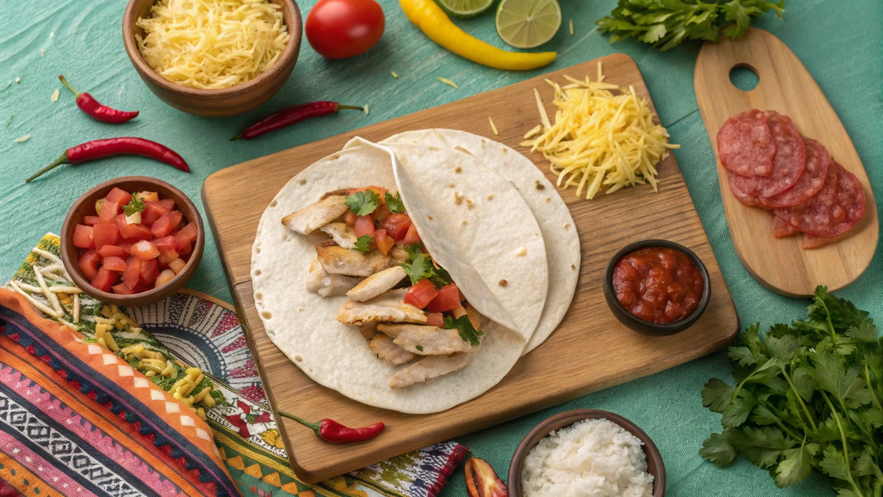 A freshly made burrito with fillings like rice, beans, guacamole, and salsa, served on a wooden plate with fresh herbs and lime wedges.