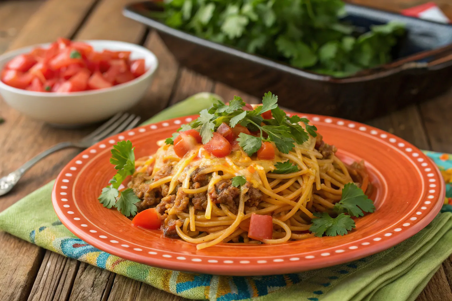 A visually stunning plate of taco spaghetti, featuring rich, cheesy pasta infused with taco-seasoned ground beef, perfect for any meal.