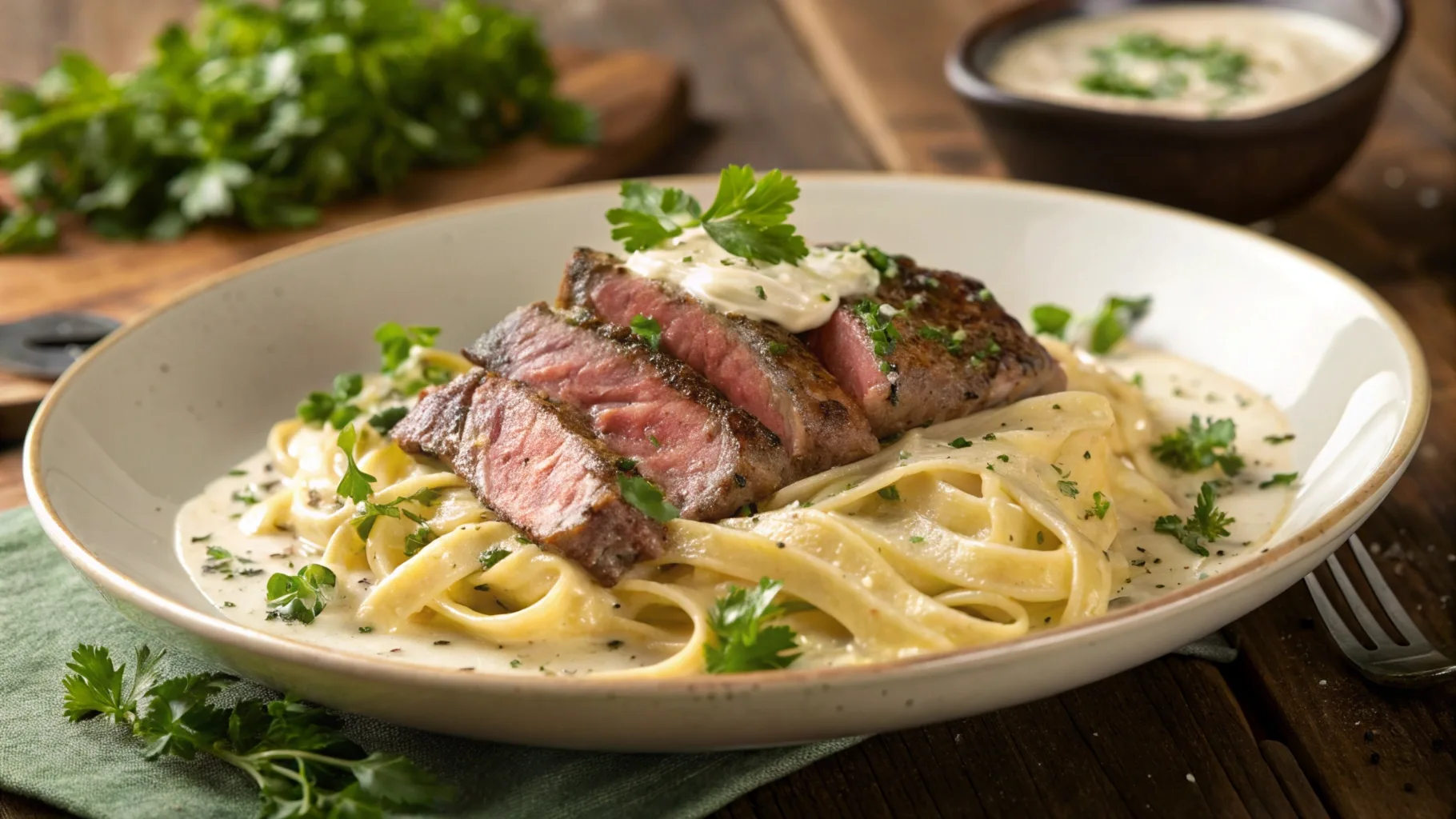 A plate of creamy fettuccine pasta topped with sliced ribeye steak and garnished with parsley.