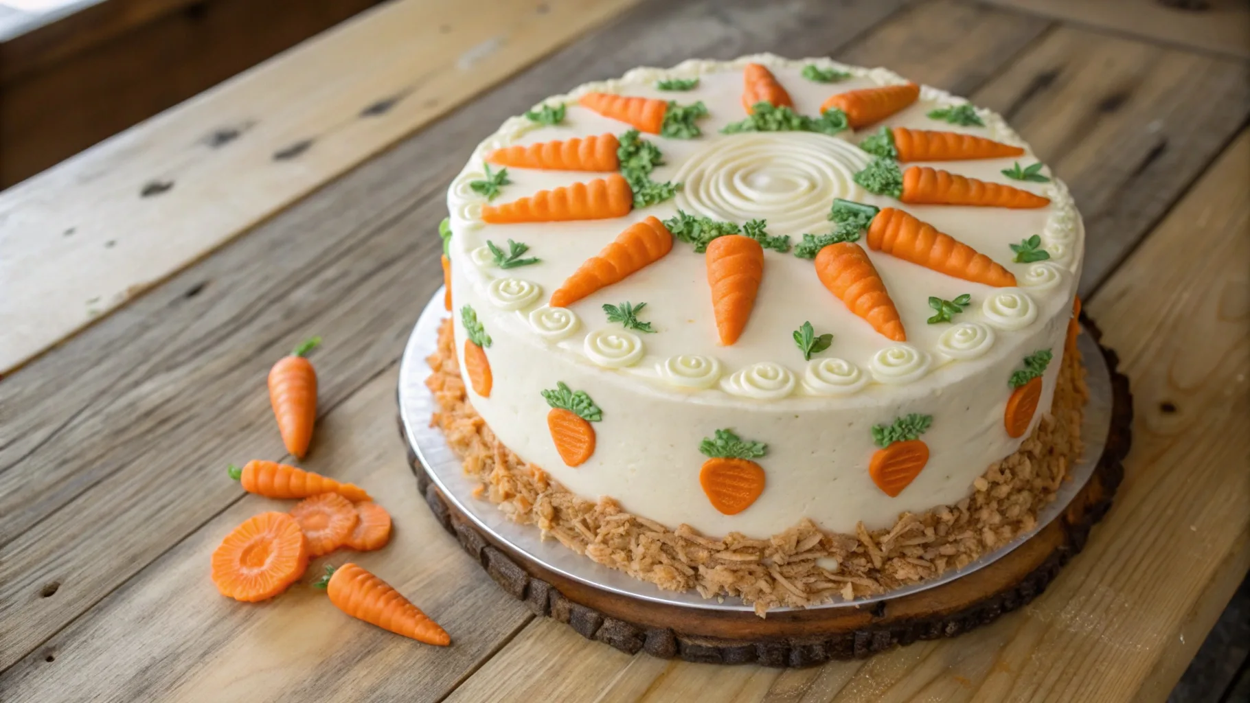 A beautifully decorated carrot cake with buttercream carrot designs, fondant carrots, and candied carrot peels displayed on a rustic wooden table.