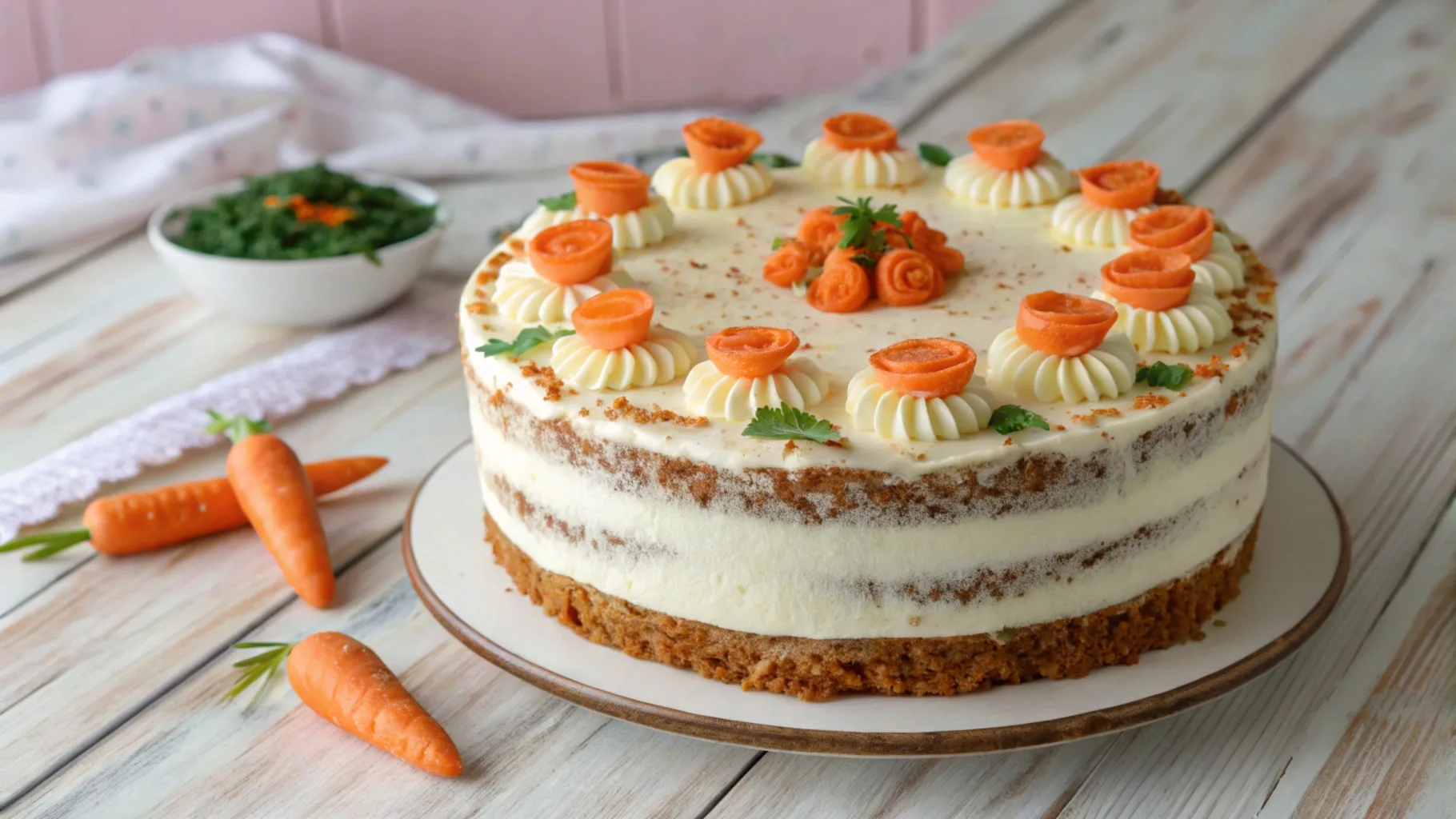 A beautifully decorated carrot cake with piped buttercream carrots, candied carrot peel rosettes, and cream cheese frosting on a rustic wooden table