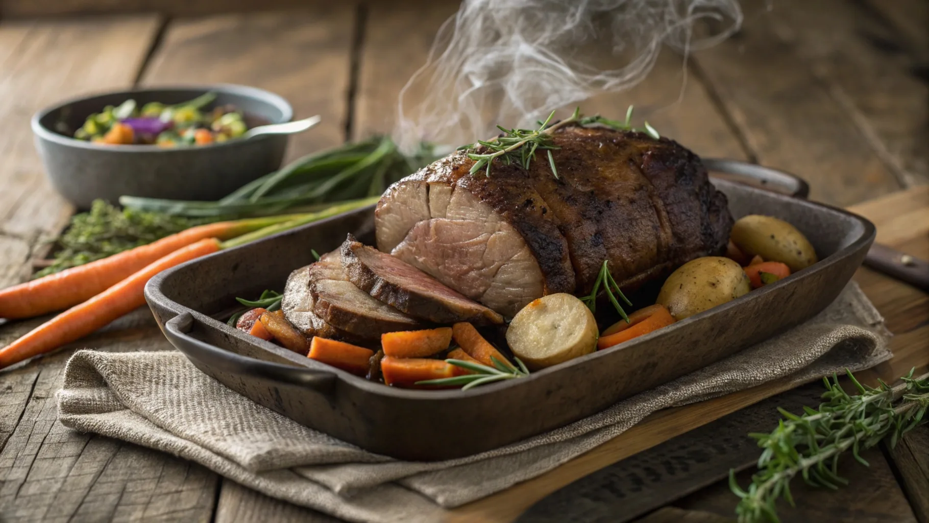 A perfectly roasted venison surrounded by vegetables like carrots and potatoes on a rustic wooden table, showcasing a tender and juicy texture.