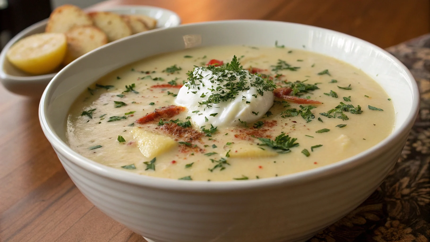 A bowl of creamy potato soup garnished with fresh chives, served on a rustic wooden table, showcasing the perfect thick texture.