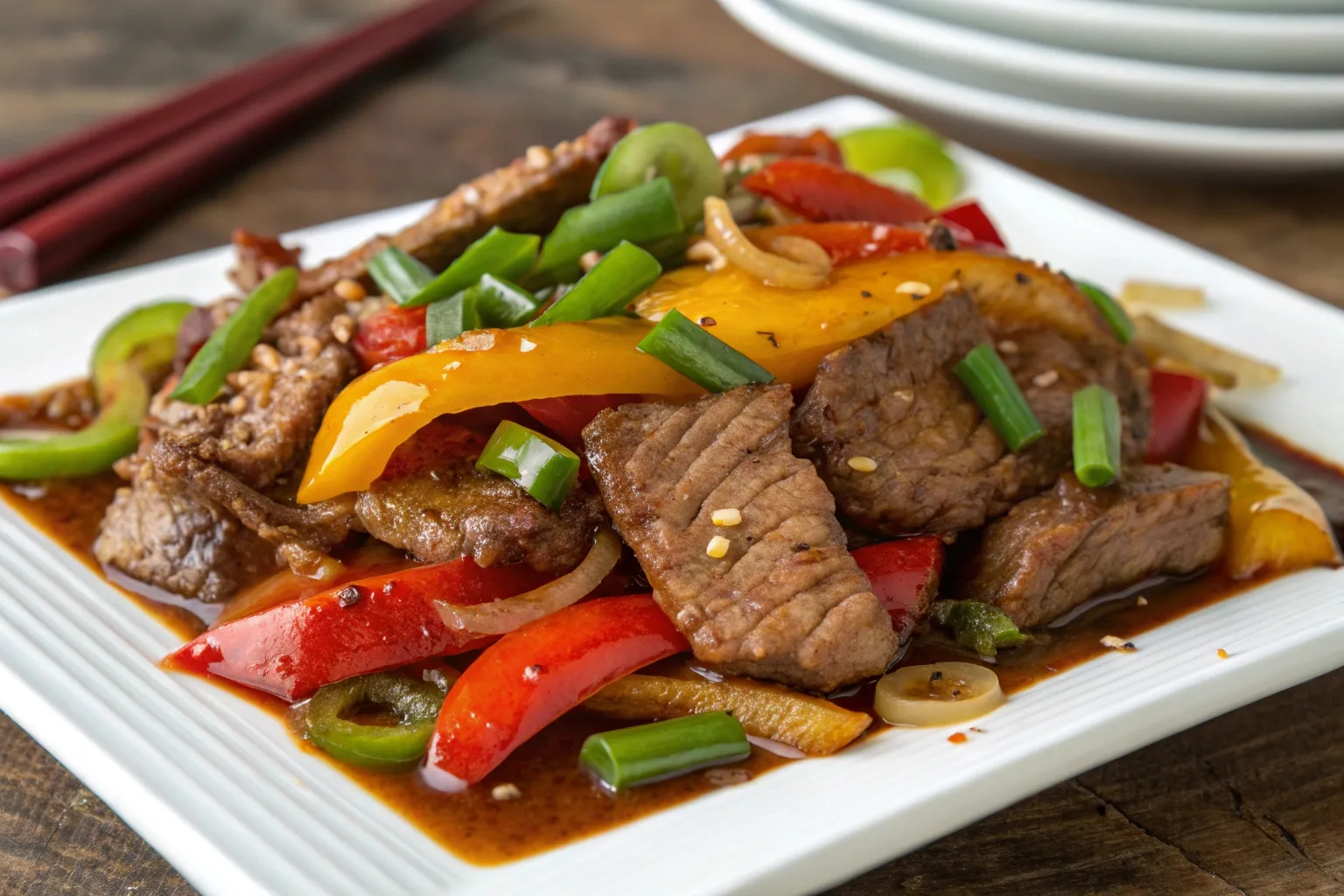 "Plated Chinese Pepper Steak with tender beef, vibrant bell peppers, and a glossy savory sauce, served with steamed white rice."