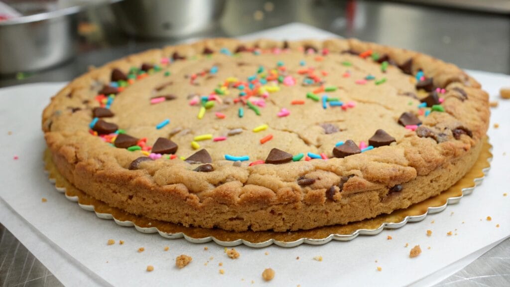 "Delicious homemade cookie cake decorated with colorful icing and sprinkles."