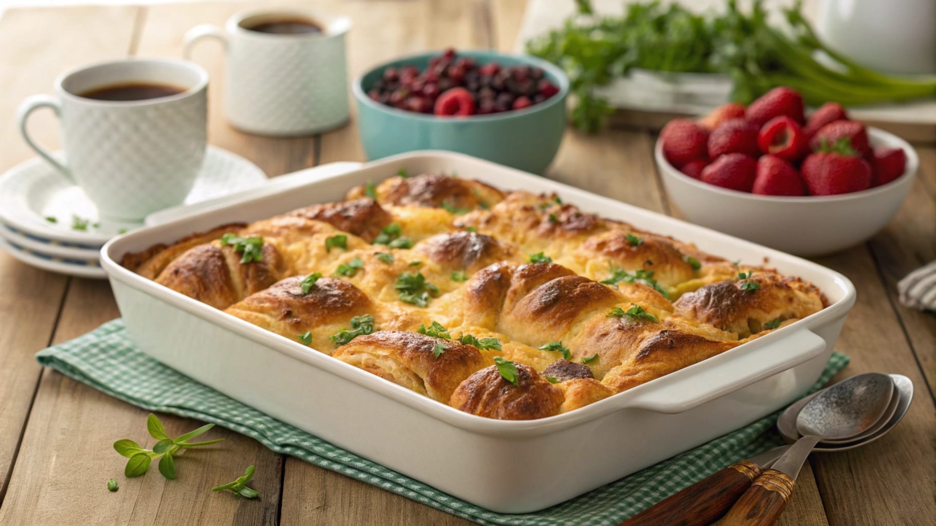 "Golden-brown croissant breakfast casserole in a baking dish topped with melted cheese and fresh herbs, served on a rustic wooden table."