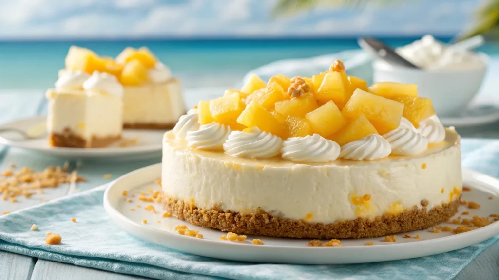 "A beautifully presented easy no-bake pineapple cheesecake topped with pineapple chunks and whipped cream."