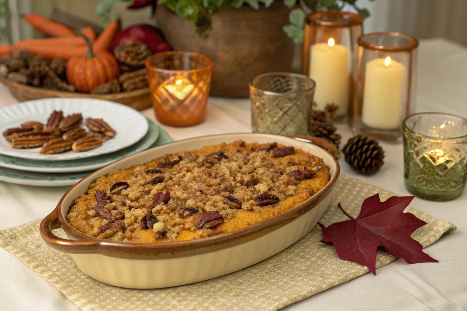 Sweet potato casserole topped with crunchy pecans and marshmallows.