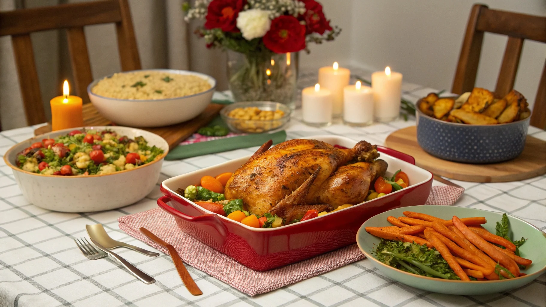 A hearty chicken casserole surrounded by vibrant side dishes like roasted vegetables, fresh salad, and baked sweet potato fries.