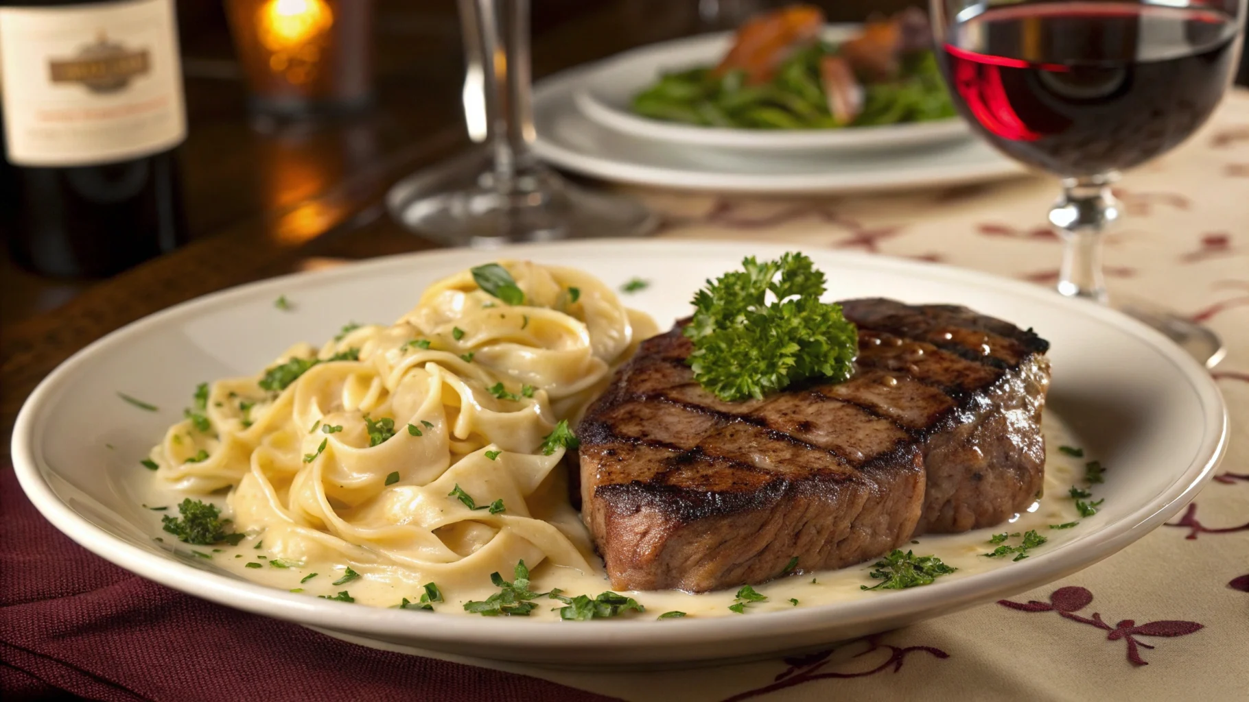 A gourmet plate featuring grilled steak paired with creamy pasta, garnished with parsley, and served with a glass of red wine in an elegant dining setting.