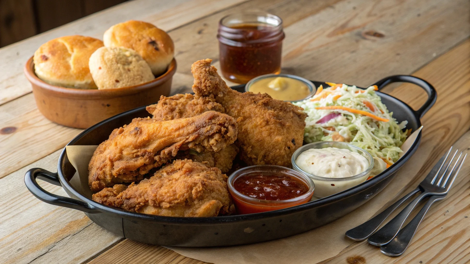 A golden-brown plate of crispy fried chicken served with coleslaw and dipping sauces on a rustic wooden table.