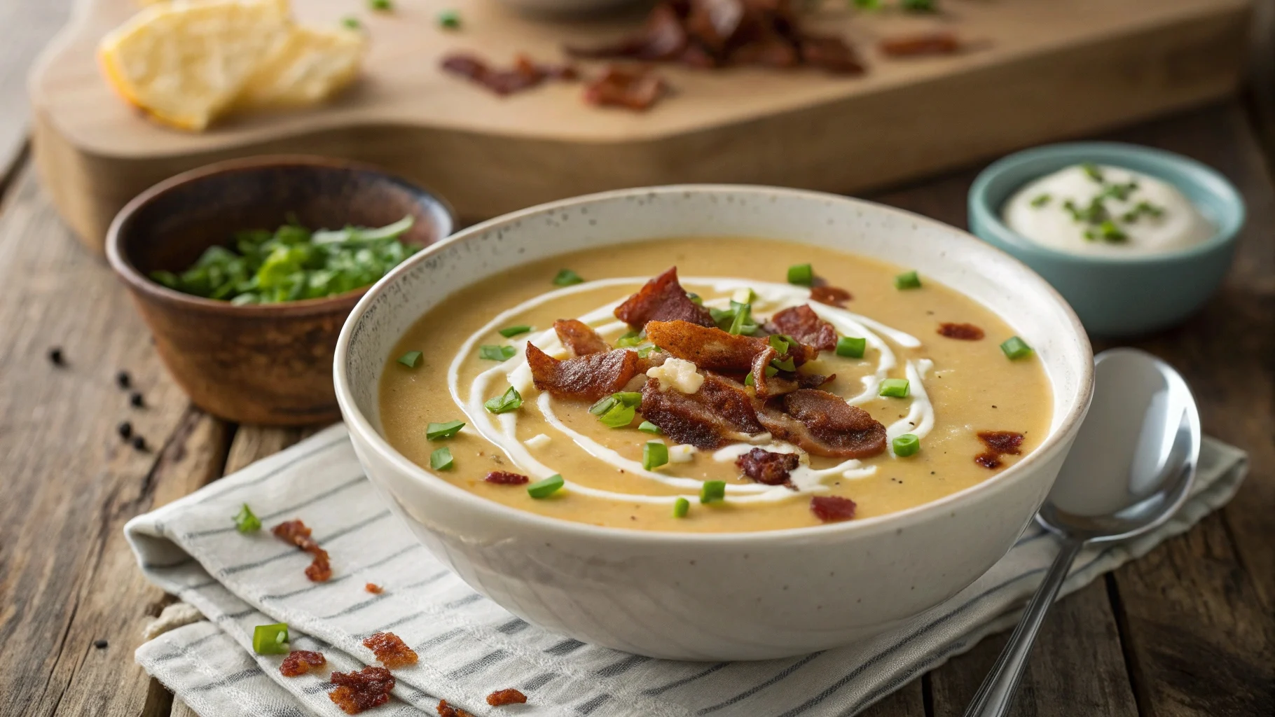 Z"Ingredients and seasonings for enhancing potato soup flavor, including herbs, cheese, bacon, and vegetables."