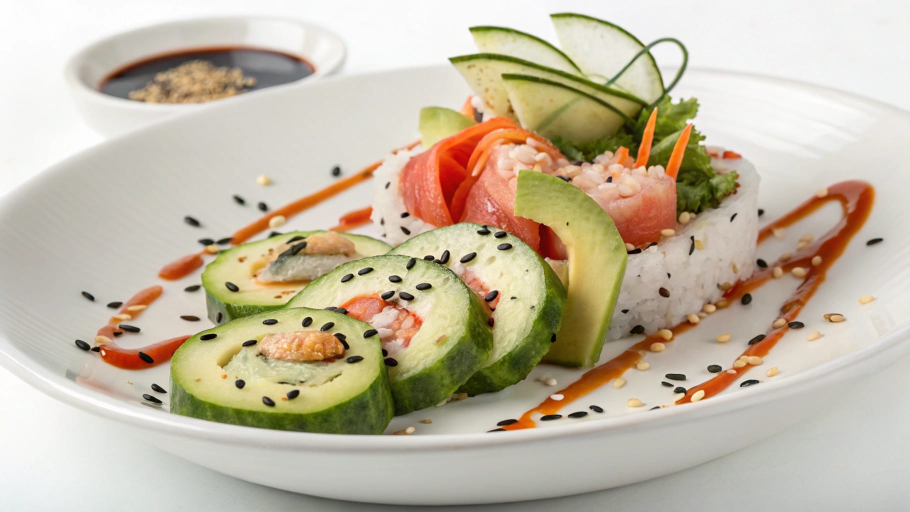 A vibrant California Roll Cucumber Salad with sliced cucumbers, avocado chunks, shredded imitation crab, sesame seeds, and a drizzle of soy sauce on a white plate.