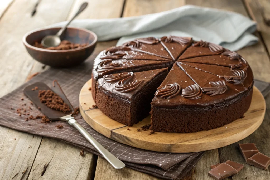 Rich and moist chocolate cake with glossy frosting, sliced and ready to serve. Chocolate Cake Recipe