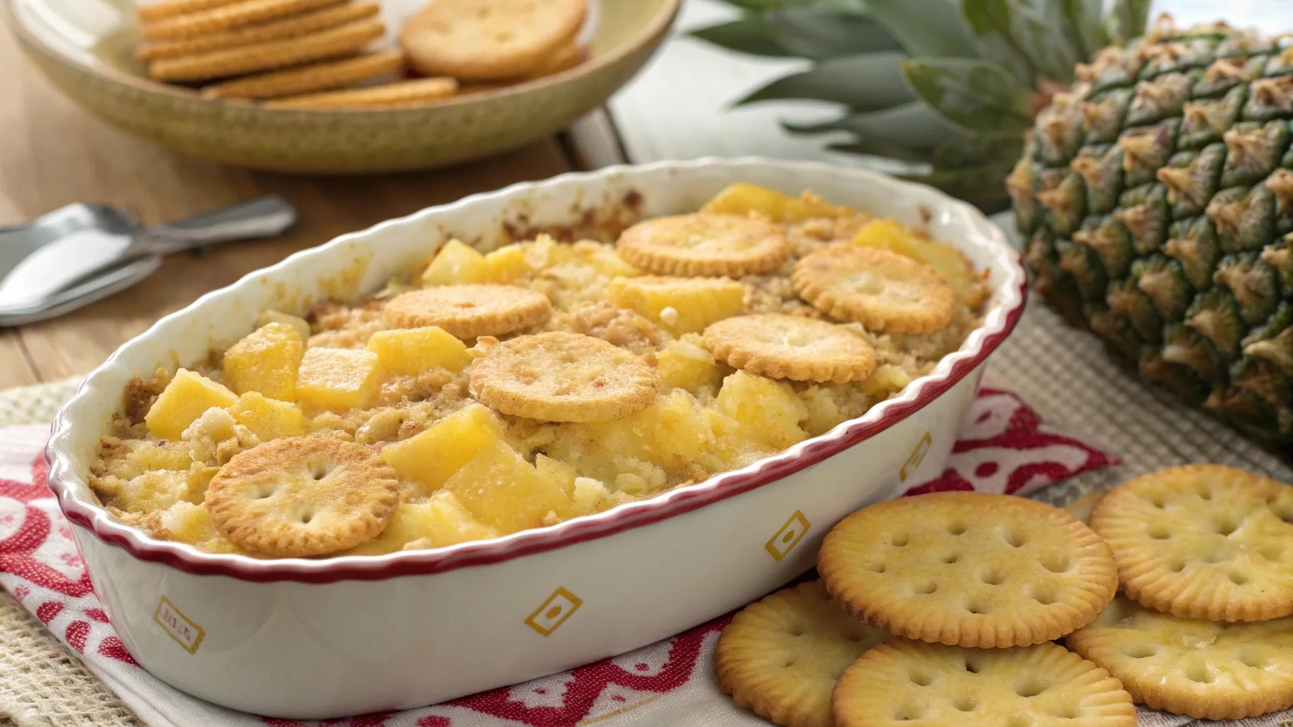 Delicious homemade pineapple casserole served in a baking dish, golden and bubbly on top.