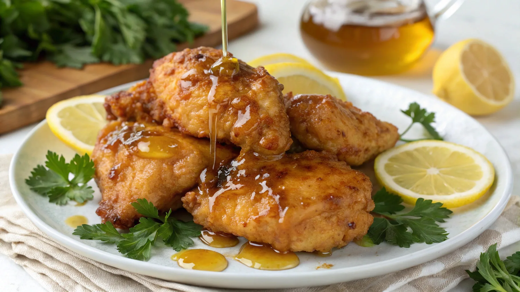 Golden crispy butter honey chicken pieces coated in a sticky honey butter glaze, garnished with parsley and served on a white plate.