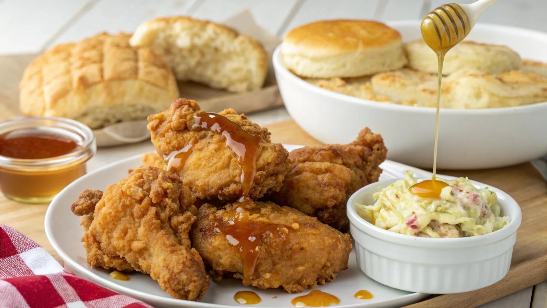 "Golden crispy honey butter fried chicken served with a drizzle of honey and garnished with herbs."