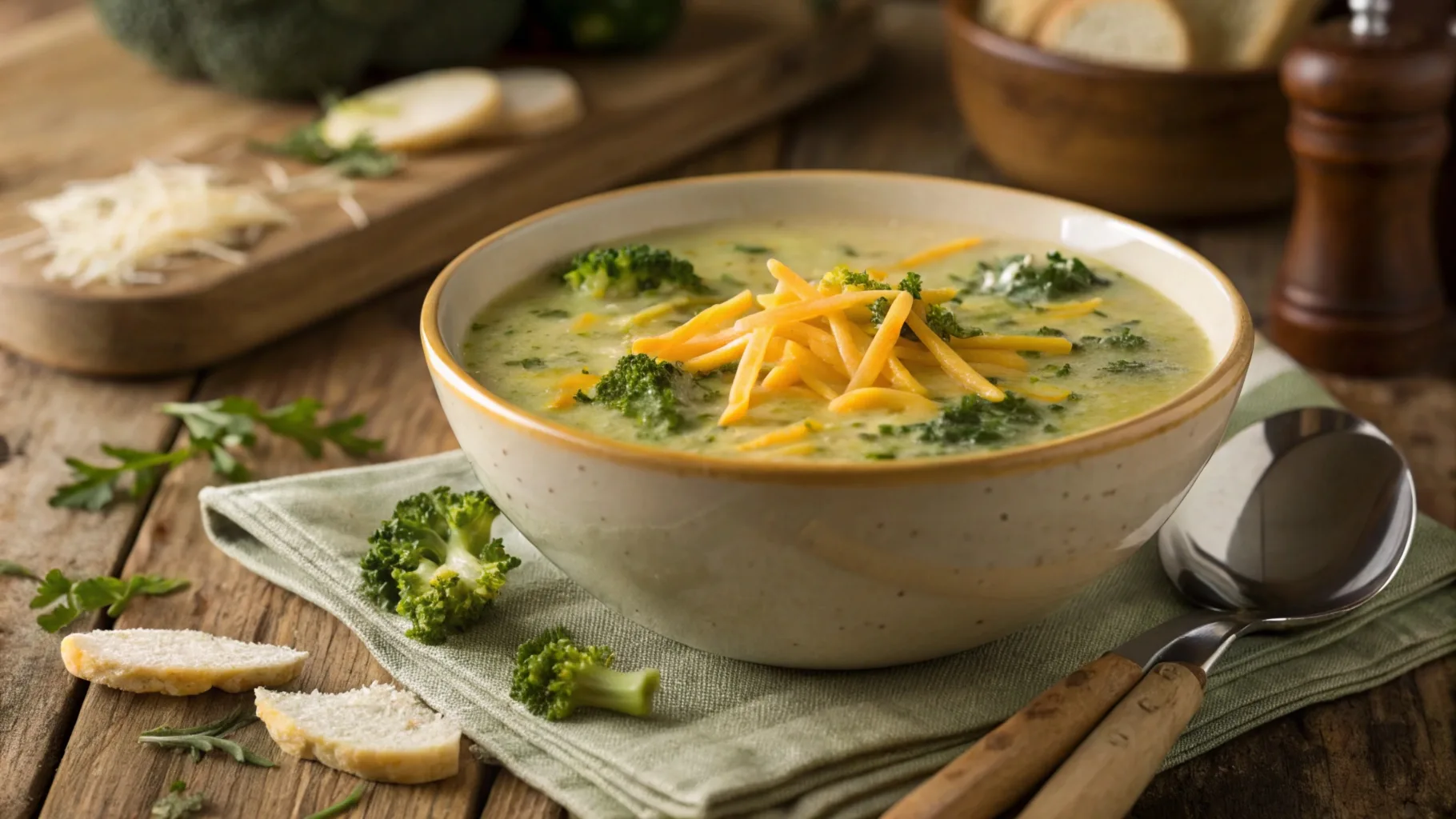 A steaming bowl of broccoli cheddar soup topped with melted cheese and fresh herbs on a rustic wooden table.