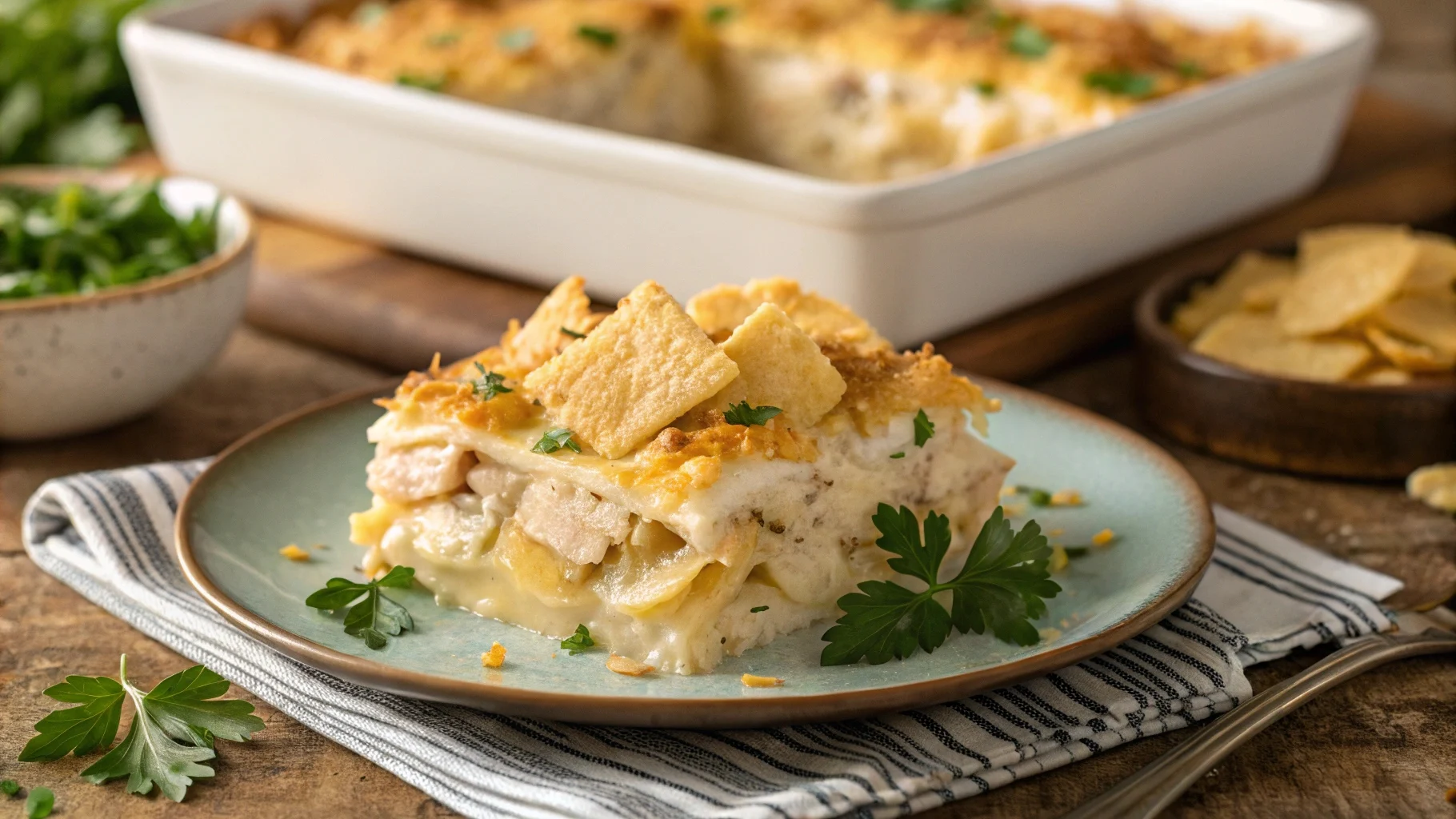 A serving of million dollar chicken casserole topped with golden buttery crackers and garnished with fresh parsley, placed on a rustic wooden table