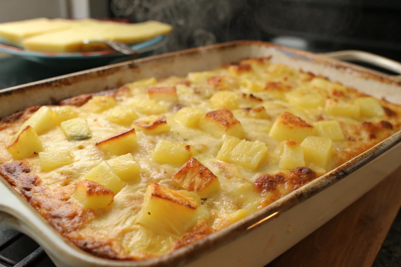 A golden-brown pineapple cheese casserole in a baking dish, topped with a crispy buttery cracker crust, served with a spoonful on a plate.