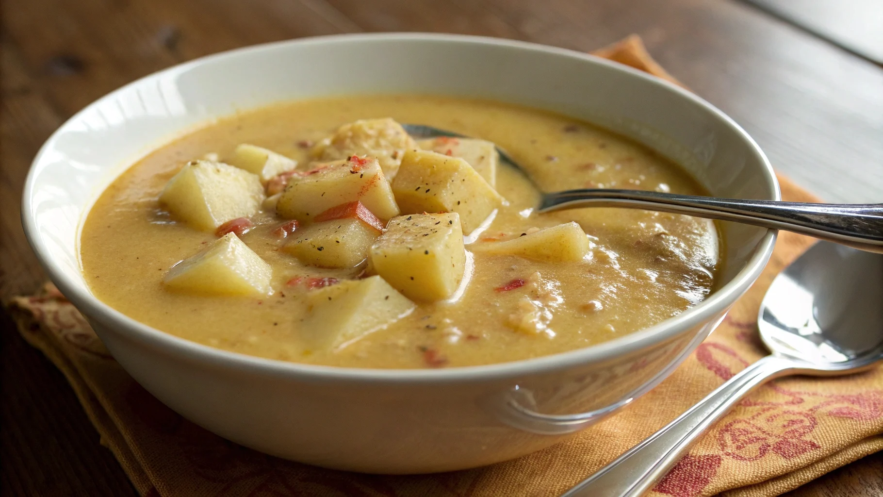 A steaming bowl of soup with diced potatoes, carrots, and fresh herbs, showcasing a hearty and flavorful dish.