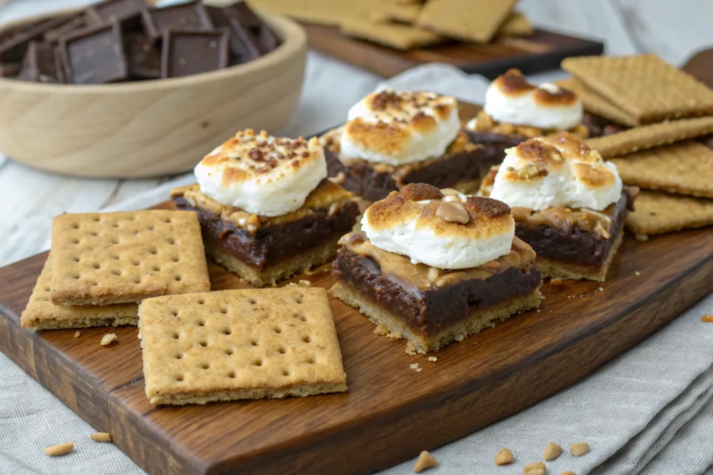 Delicious homemade s'mores bars with melted chocolate and marshmallows.