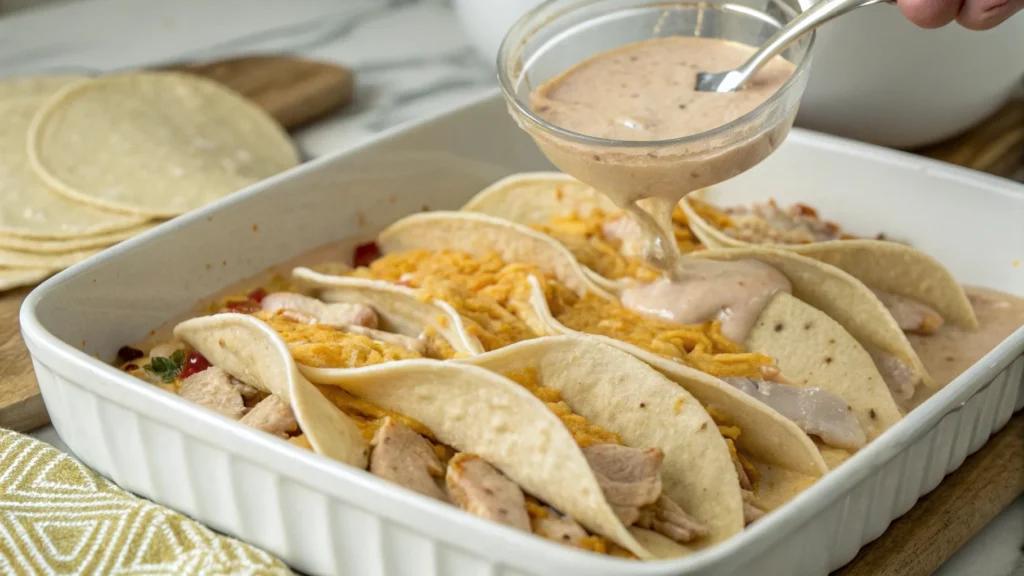 Step-by-step preparation of King Ranch Casserole, showing the layering process of tortillas, chicken, and creamy sauce, in a close-up and detailed manner