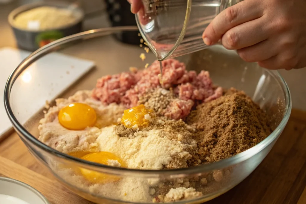 Mixing chicken meatloaf ingredients