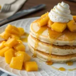 Fluffy mango pancakes topped with syrup and fresh mangoes.